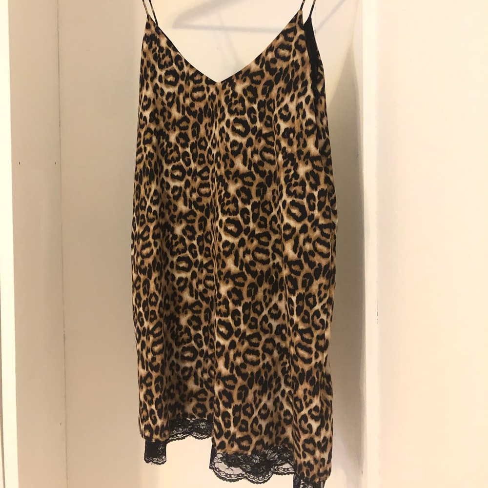 Leopard print mini dress with black lace detail